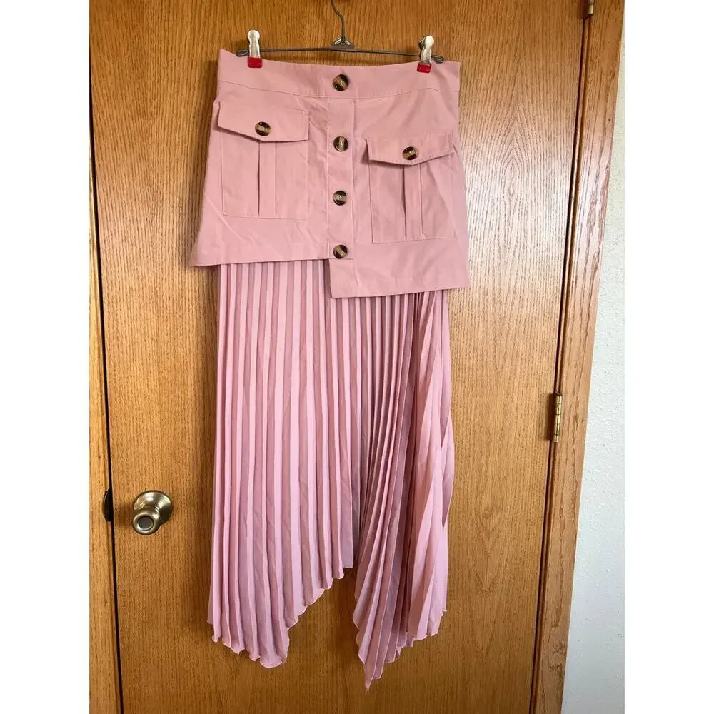 Patchwork Pink Asymmetrical Midi Skirt with Pleated Bottom, women's size L NWT - Picture 2 of 9